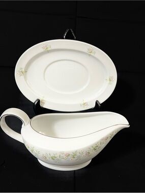 Haviland White Gravy Boat and Saucer with Pink and Green Floral Motif